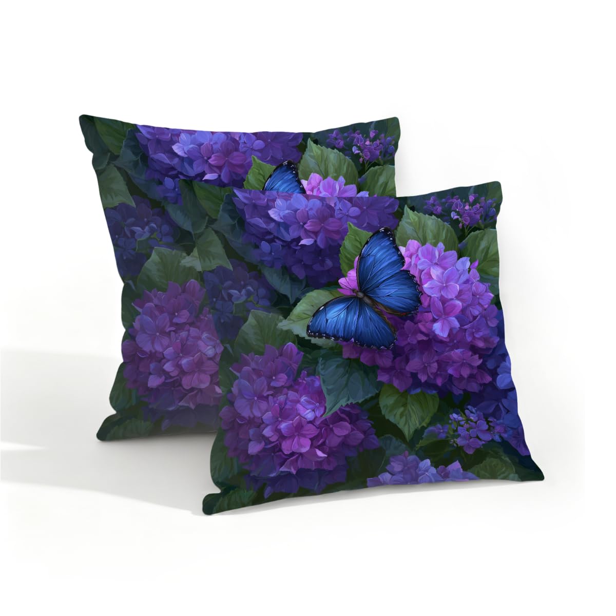 Outdoor Pillow Covers Waterproof Pillowcases 16x16in Set of 2 Butterfly On Blossom Hydrangea Decorative Throw Cushion Case for Couch Sofa Garden Patio Furniture