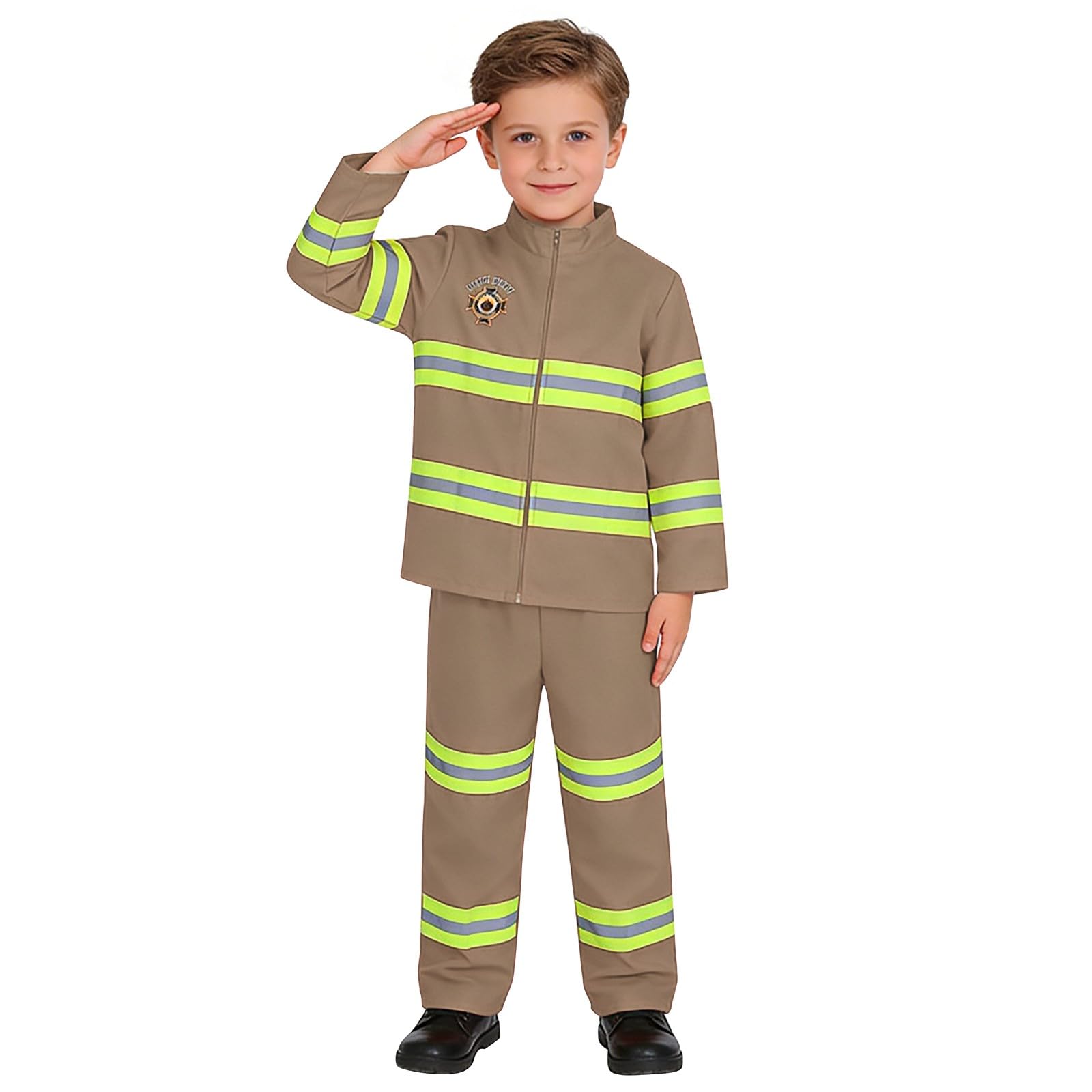 Kids Fireman Costume Kids Firefighter Costume And Accessories, Children Role Play Halloween Costumes Dress Up Pretend Play Toys For Boys And Girls (Khaki, 15-16 Years)