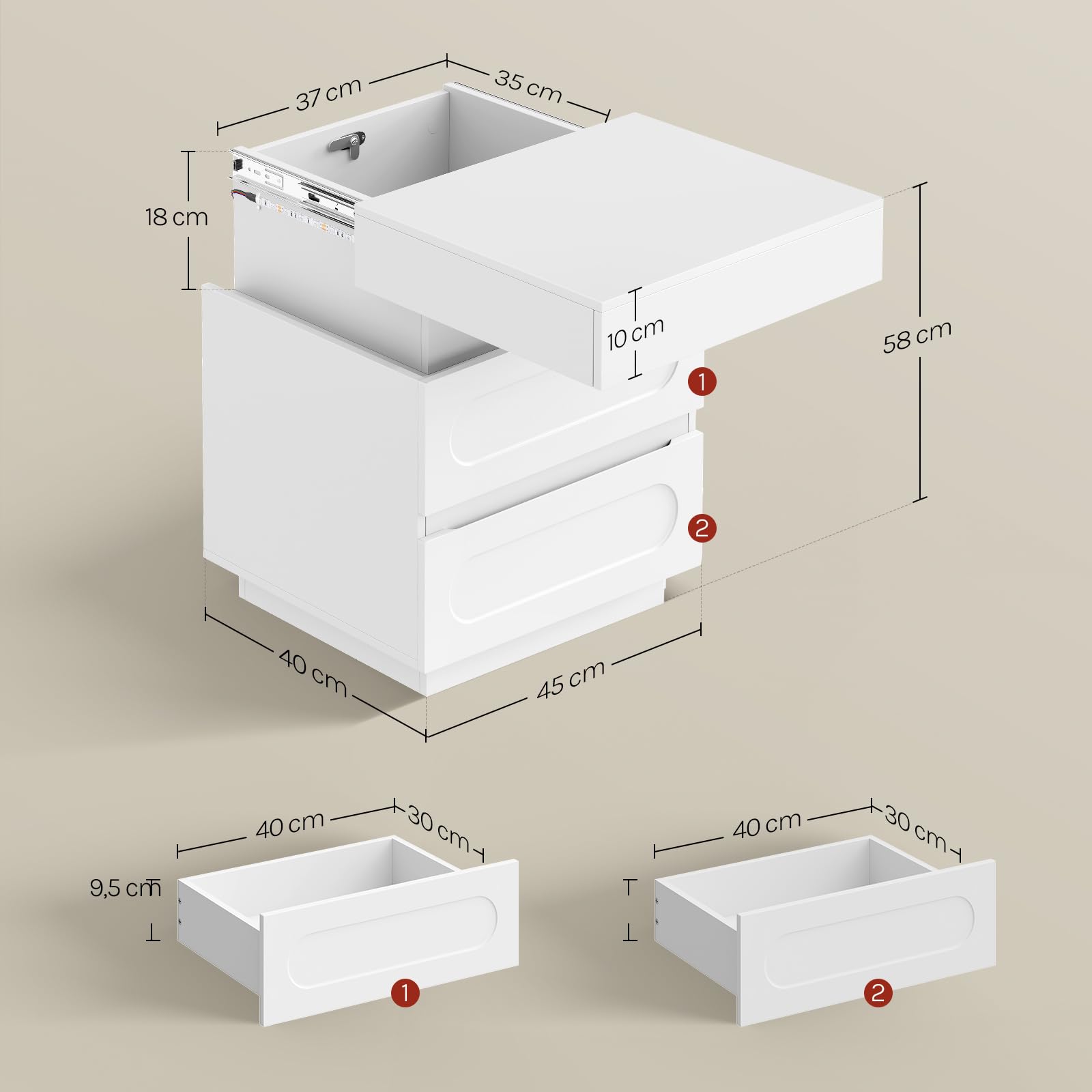 WOLTU Nachttisch mit Ladefunktion und LED-Beleuchtung, Nachtschrank, mit Geheimfach 2 Schubladen, für Schlafzimmer Wohnzimmer, 45x58x40 cm, Weiß