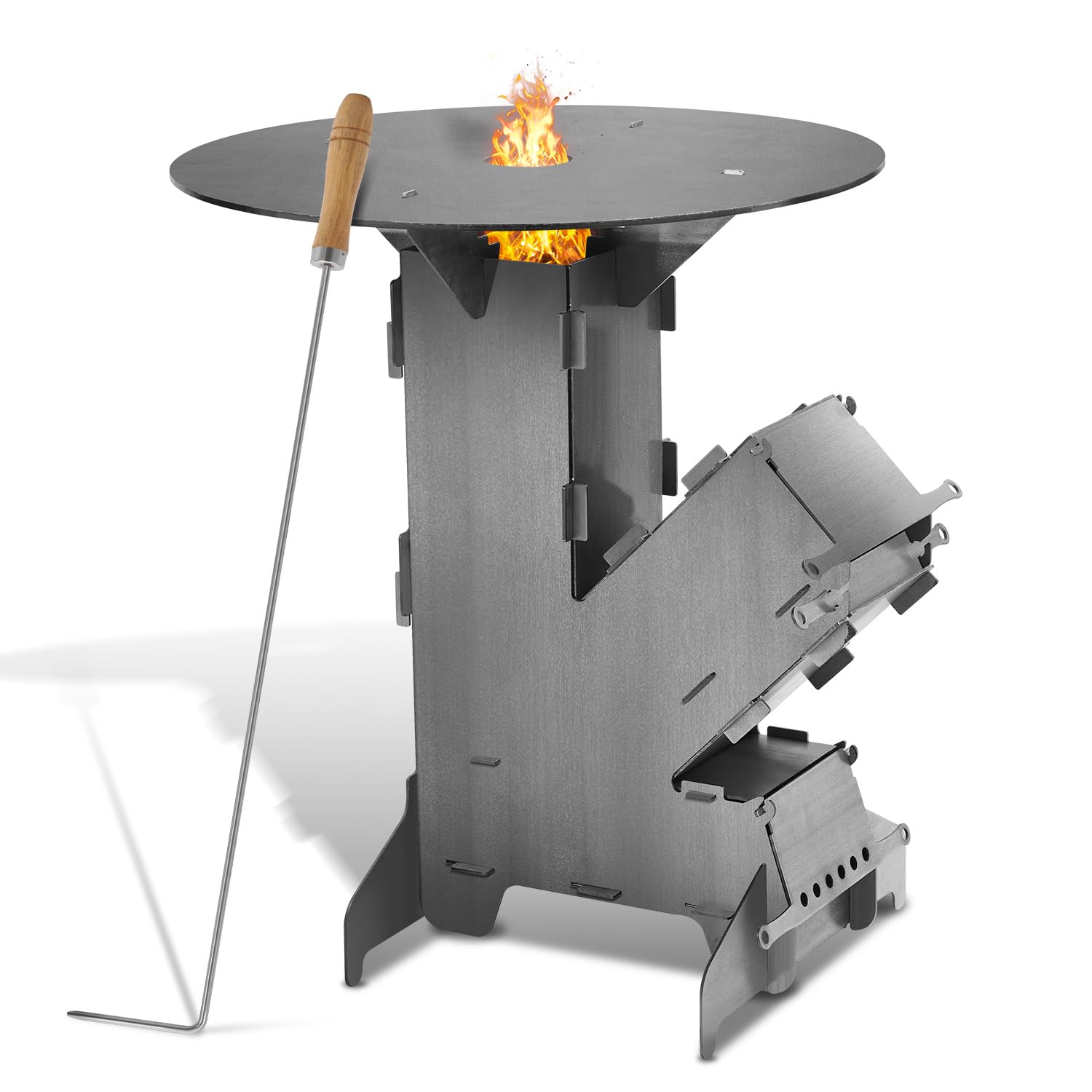 Raketenofen mit Grillplatte groß 5mm, Rocket Stove aus massivem 3 mm dickem Stahl，Holzofen mit Feuerhaken und 2 zusätzlichen Standfüßen，Kanonenofen Stecksystem，Outdoor für Camping, BBQ, Dutch Oven