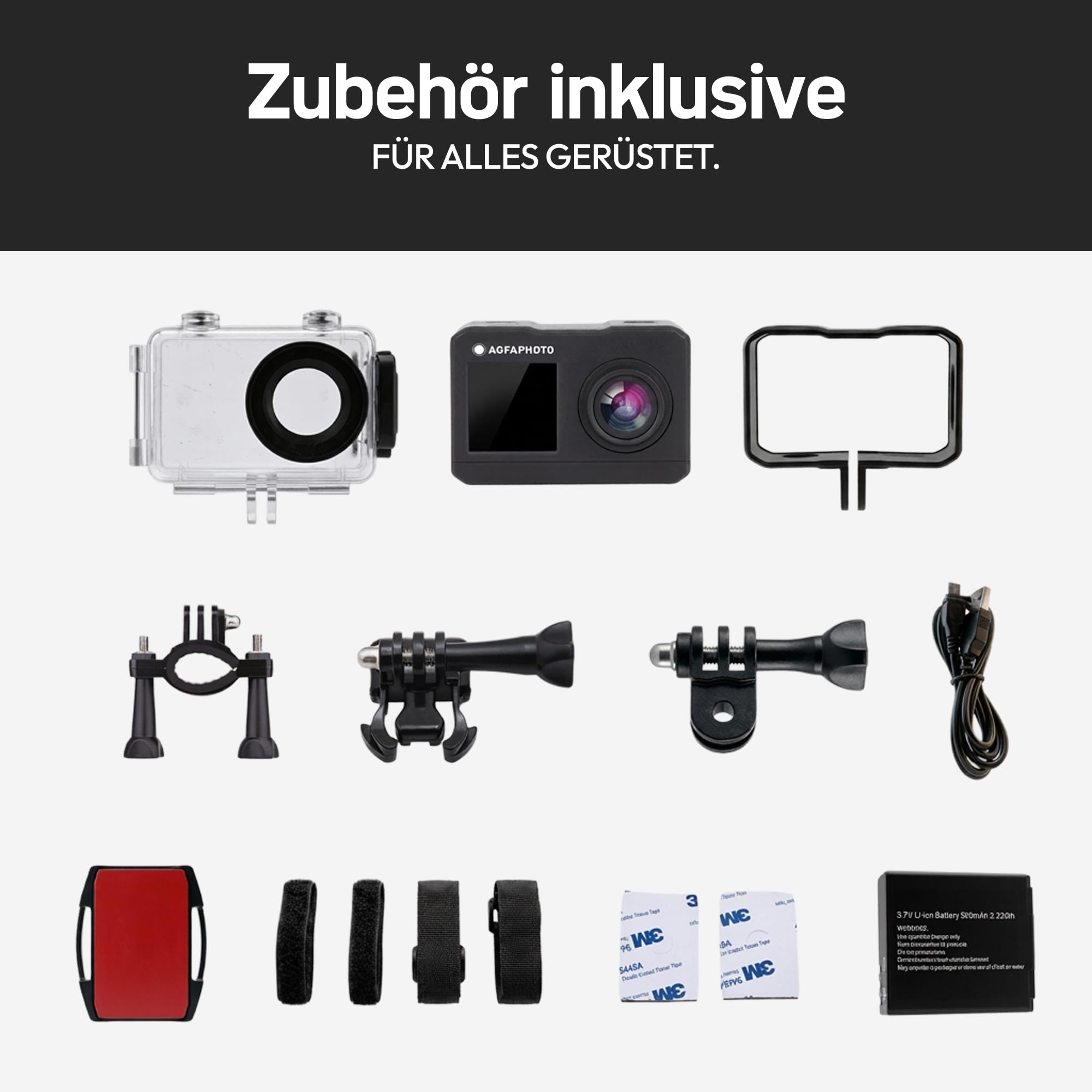 AgfaPhoto - Sportkamera - AC7000 - True 2.7K 30FPS, Doppelter Touchscreen, 120° Weitwinkel, Wasserdichtes Gehäuse 30m - WiFi - 10 Zubehörteile inklusive