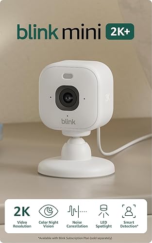 Blink Mini 2K+ (último modelo). Cámara de seguridad doméstica y para mascotas enchufable con resolución de video 2K, visión nocturna en color y