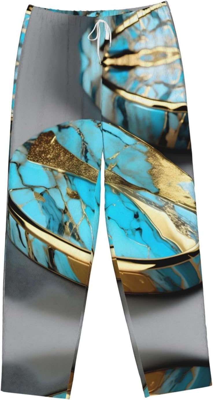 Turquoise Marble Print Cozy Christmas Pajama Pants,Flannel Pajama Bottoms,Cater To Various Body Types