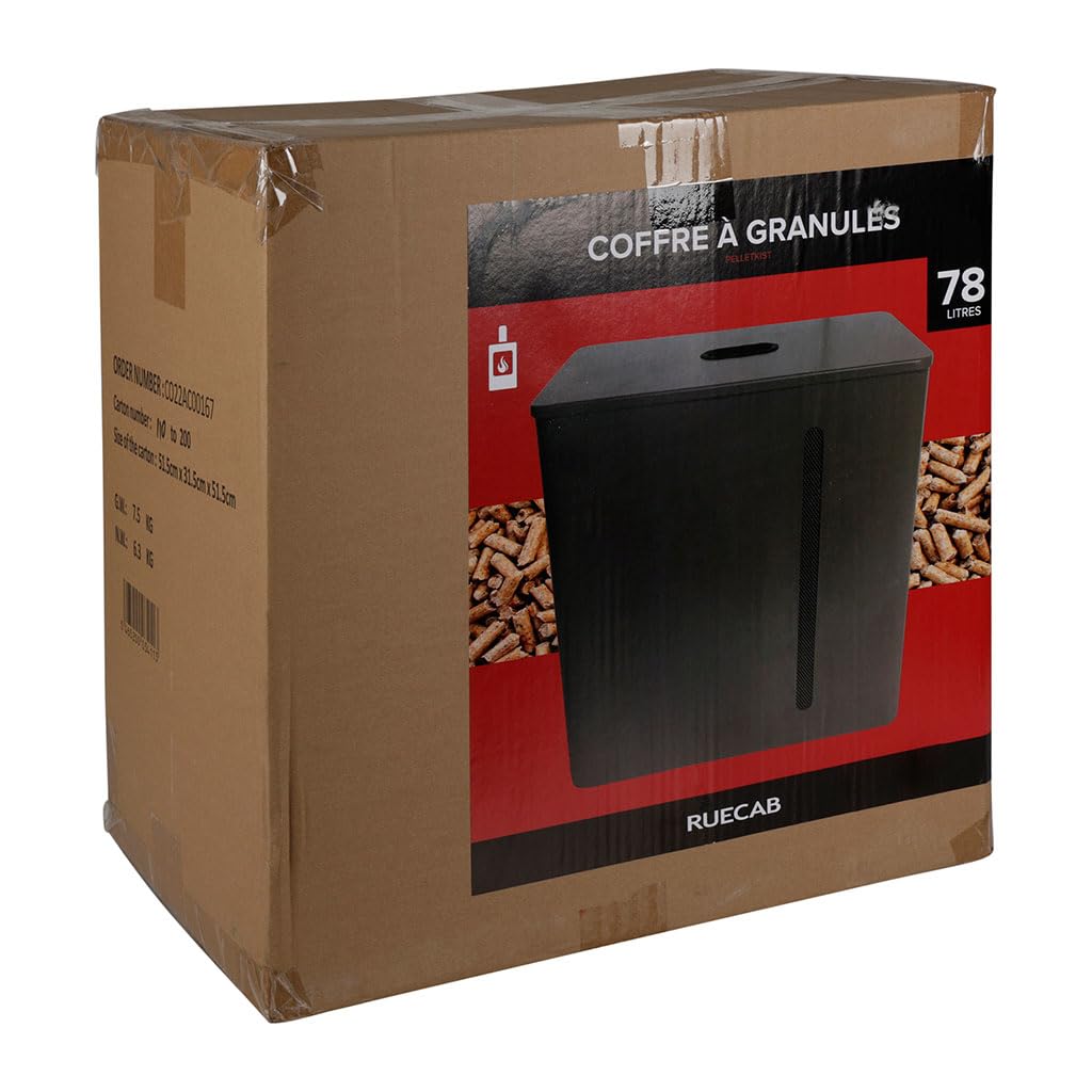 RUECAB – Caja de pellets – Capacidad: 70L – Con tapa – Material: acero – Dimensiones: 51 x 51,5 x 31 cm – Forma rectangular – Stock 3 bolsas de pellets de 15 kg