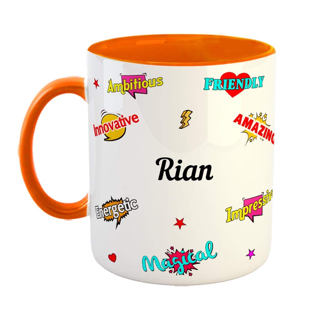 FurnishFantasy Ceramic Coffee Mug - Happy Birthday Gift, Gift for Kids, Return Gift - Orange, Name - Rian