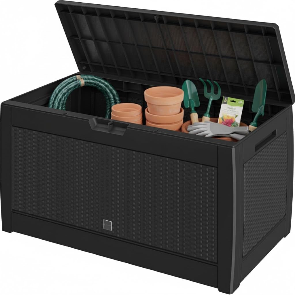 CASARIA® 310L Waterproof Garden Storage Box | Plastic Storage Box with Lid | Storage Boxes with Lids | Deck Box Lockable Storage Boxes | Weather Resistant | 119x48x60cm | Rattan Effect | Anthracite
