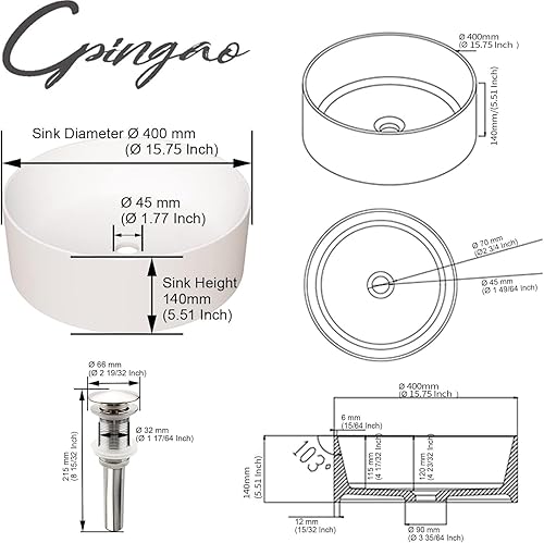 Miniatura 5 de Cpingao Fregadero redondo de baño de 15.74 pulgadas, sobre encimera de piedra mate, moderno lavabo de arte para lavabo de tocador
