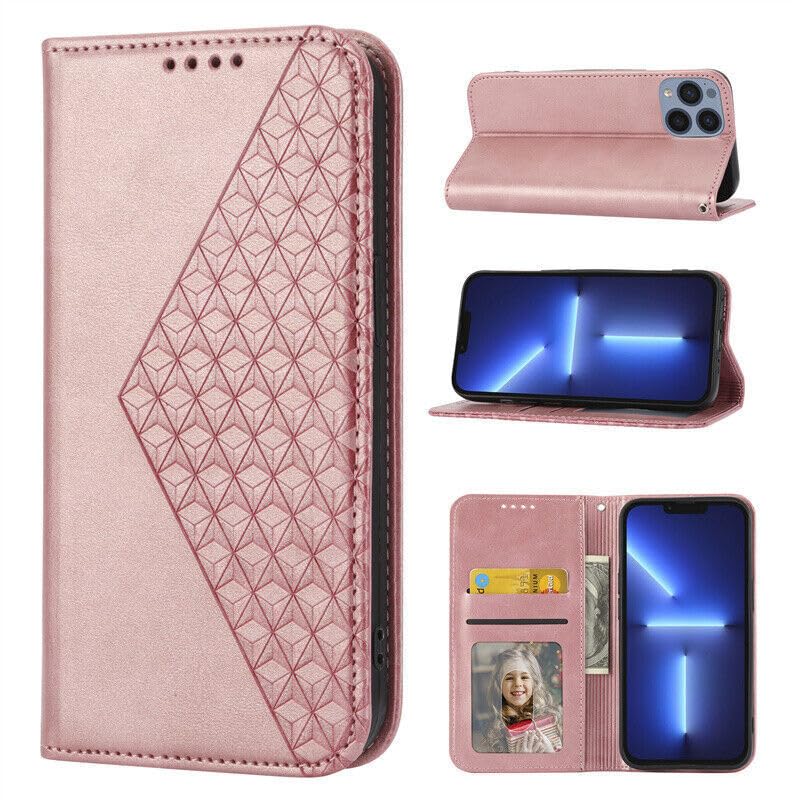 Étui portefeuille iPhone 14 Pro rose protection cuir à rabat magnétique