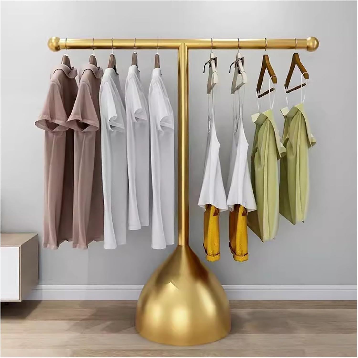 YNBSHGAA Metal Pipe Freestanding Clothes Rail Garment Rack with T Shaped Display Floor Standing Clothing Rack for Boutiques and Bedrooms Silver,Gold-120x150cm