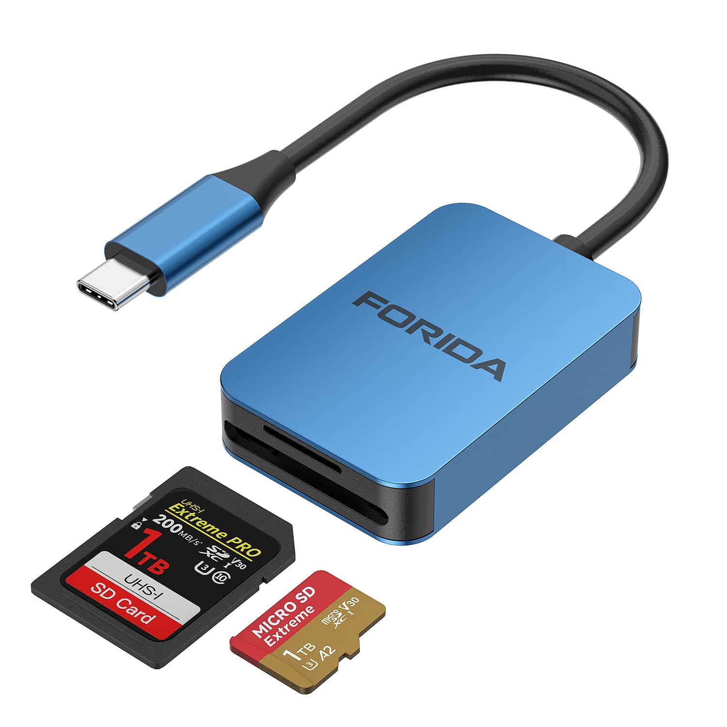 FORIDA USB C SD Kartenleser, USB 3.0 High Speed Dual Card Adapter für iPhone 15 16/iPad/MacBook/Mac, Speicherkartenleser unterstützt SD und TF Karte 2 Karten funktionieren gleichzeitig (Blue)