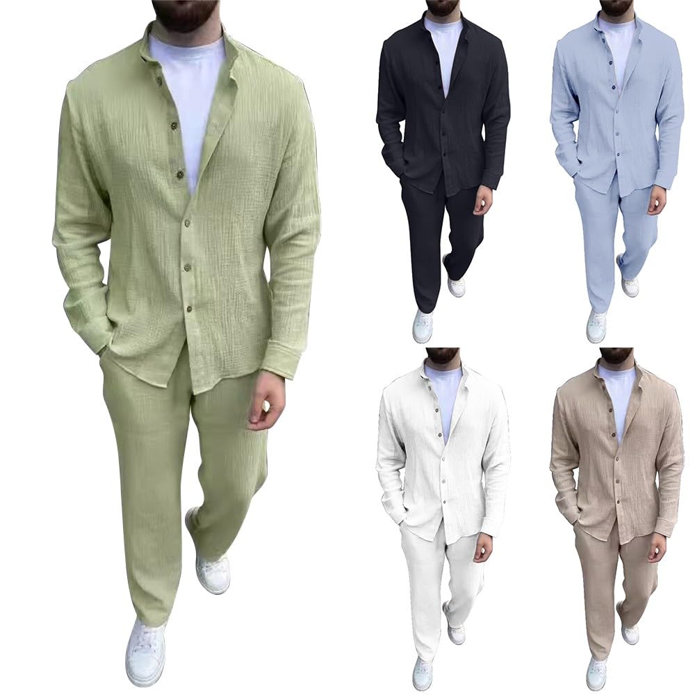 Conjunto de pantalones de camisa de lino para hombre, conjunto de hombre y verano chic en lino, chándal, playa, vacaciones, chándal decontracte Sport Travail, atuendo confort diario, traje urbano