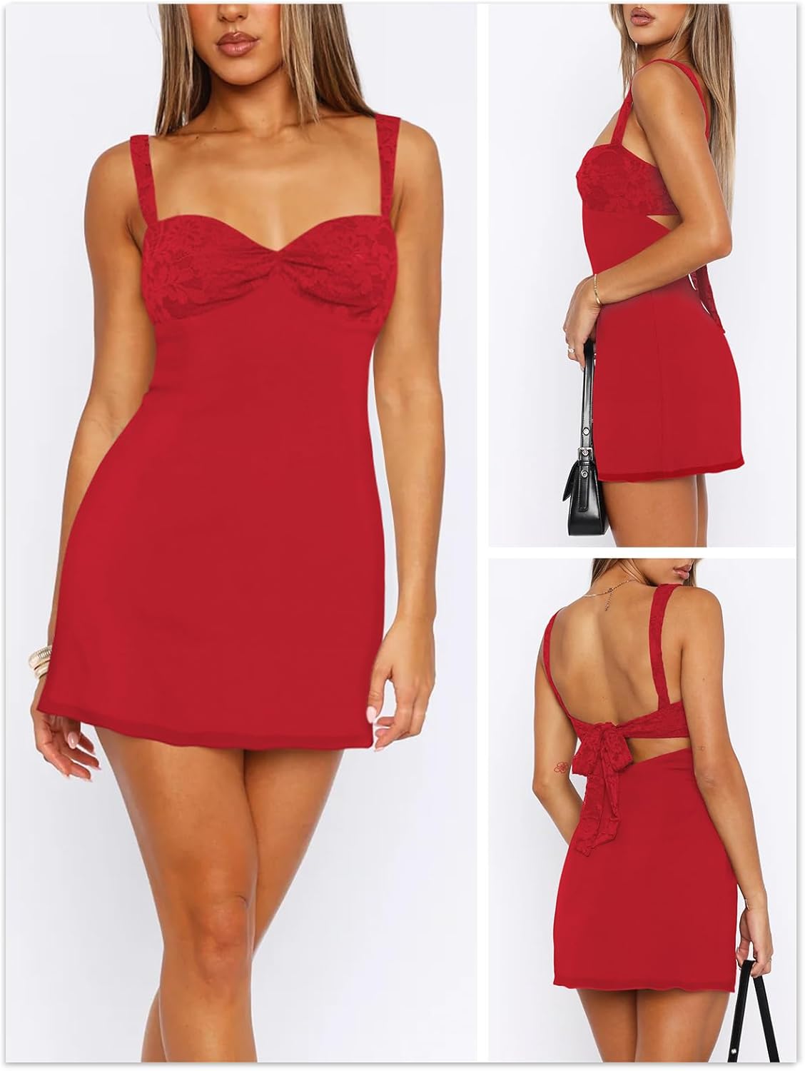 Women's Summer Mini Dresses Sleeveless Sexy Square Neck Lace Splicing Cocktail Party Straps Bodycon Dress - Image 2