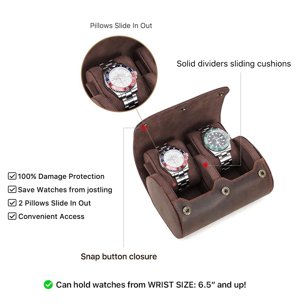 CONTACTS Boîte de voyage en cuir véritable pour montres, rouleau, boîte organisatrice pour 2 montres, manche portable protecteur pour affichage de montre, pour voyage vintage (Coffee-CF1137)