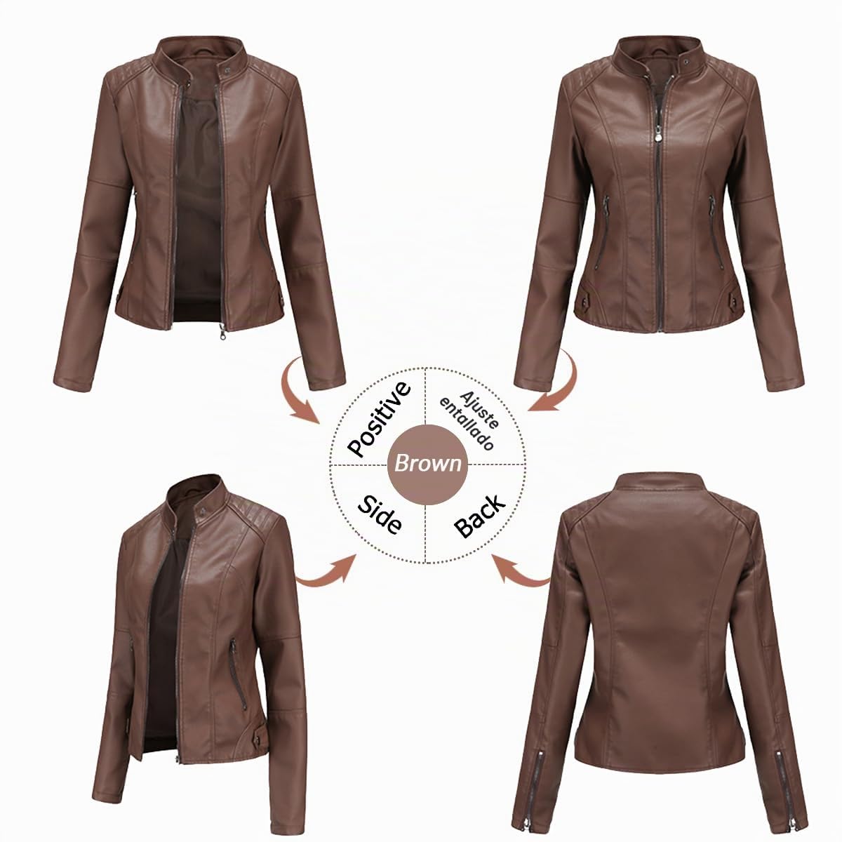 Hiseng Chaqueta de Cuero Sintético para Mujer, PU Chaqueta Cuero Mujer, con Bolsillos con Cremallera, Negra Moda Corta Cazadora, Otoño, Primavera