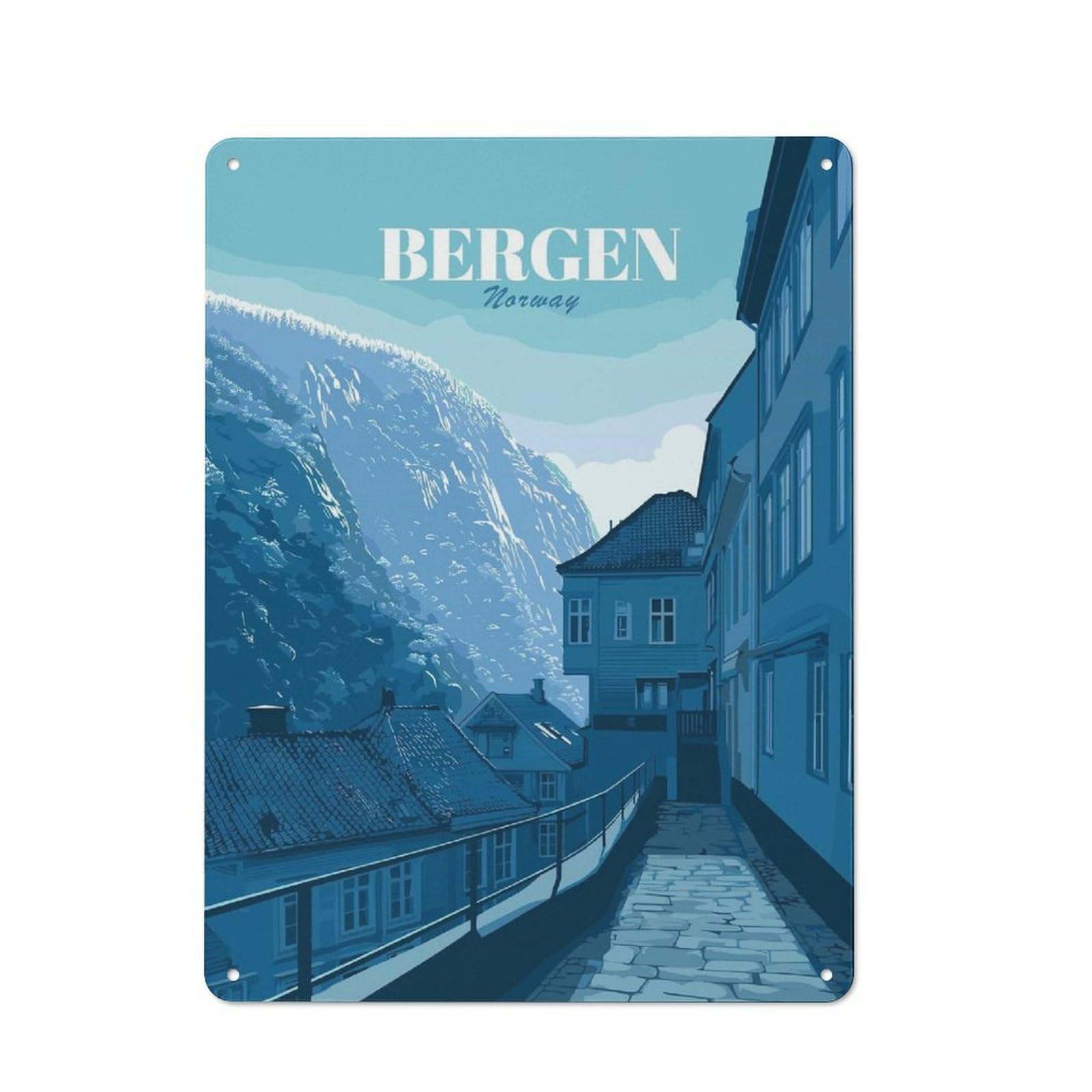 Decorative Tin Plaque with Bergen, Norway Travel Design 40x30cm, Decorative Novelty Wall Art for Bedroom, Kitchen, Office Or Living Room