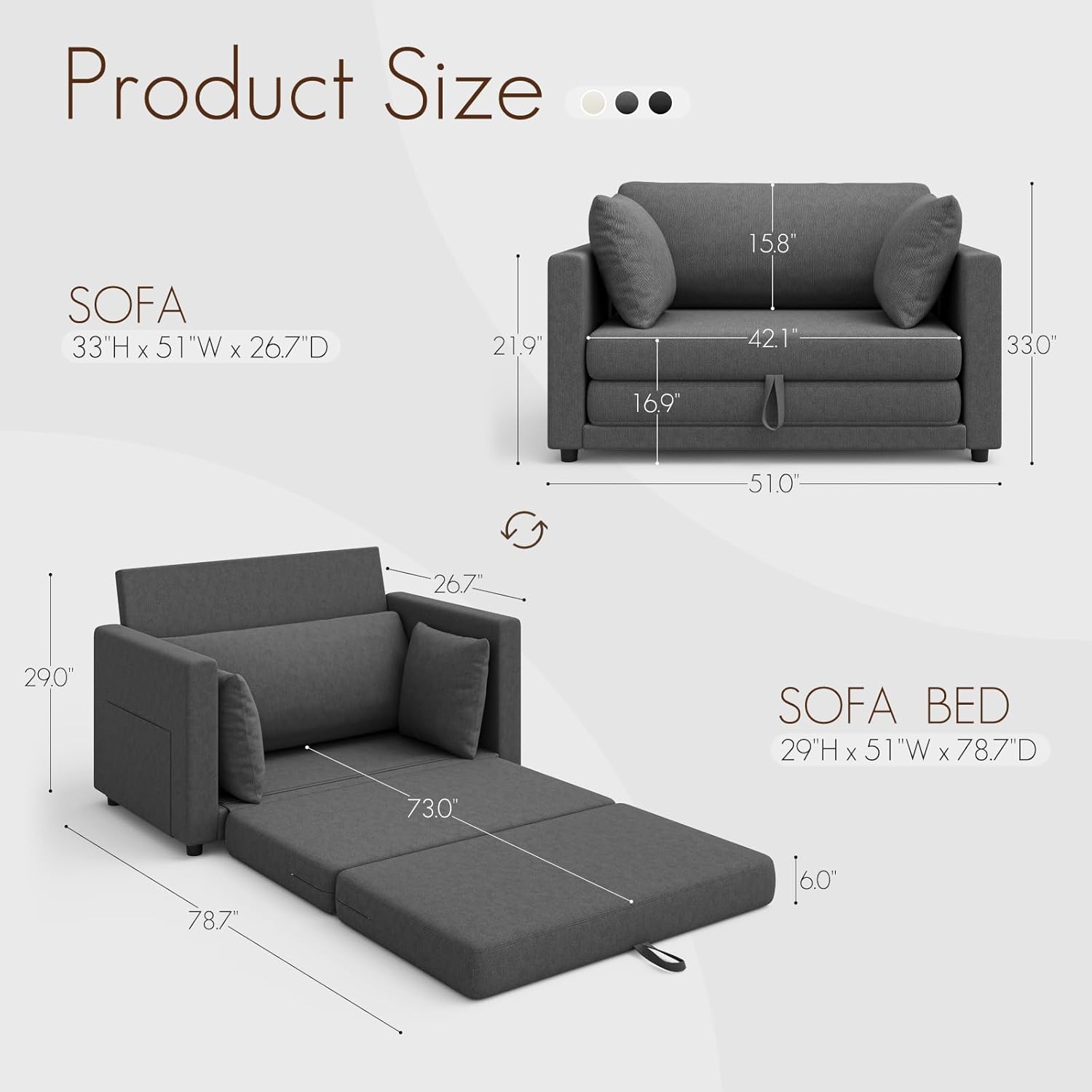 51" Loveseat Sofa Bed, Pull Out Love Seat for Small Space, Folding Couch Bed for Living Room, Bedroom, Dark Gray | Egyptian Chenille, 2 Storage Pockets, Removable Pillow