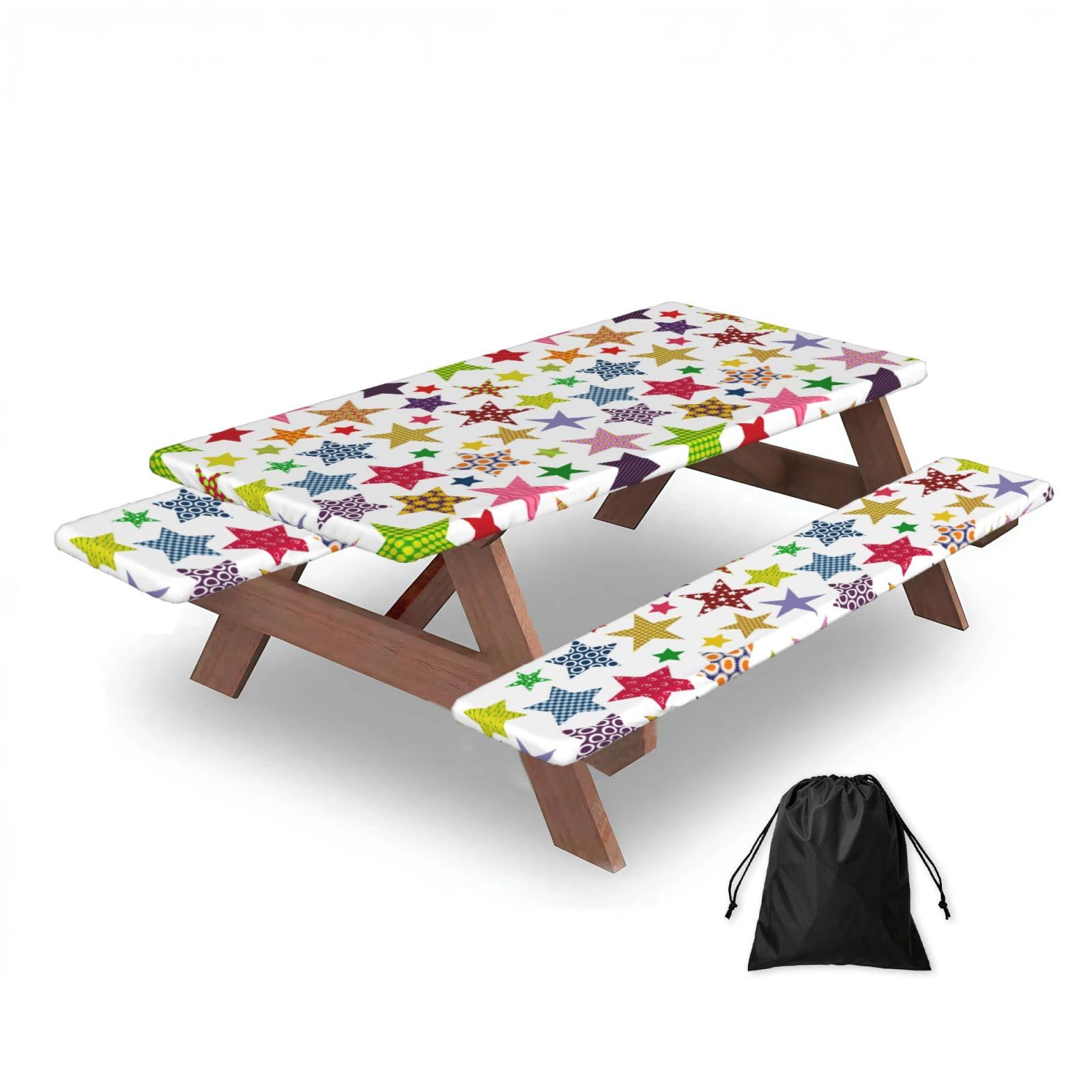 Bright Colored Stars, Picnic Table Cover With Bench Covers -Waterproof Elastic Fitted Tablecloth for Garden Camping Patio 76x152cm