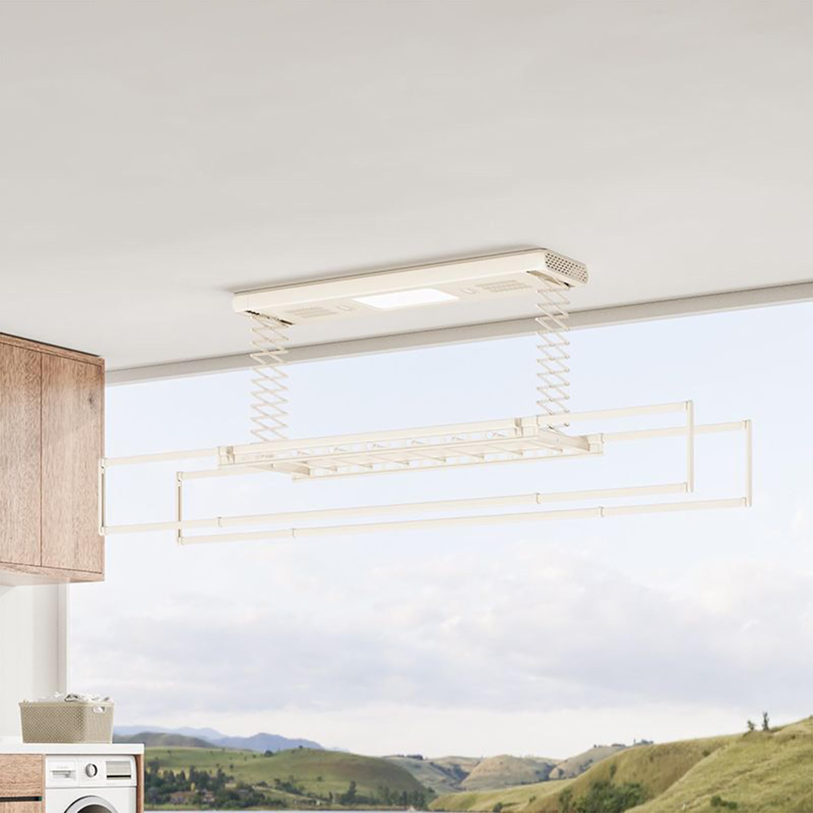 Generisch Tragbarer, Faltbarer und platzsparender Wäscheständer mit Dreibeinstativ, milchweiß, elektrischer Wäscheständer zur Deckenmontage, höhen- und längenverstellbar, aus Aluminium.