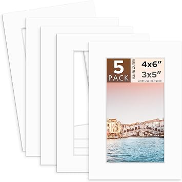 Mat Board Center 5 Pack Acid-Free 4x6 Photo Mat For 3x5 Matte White