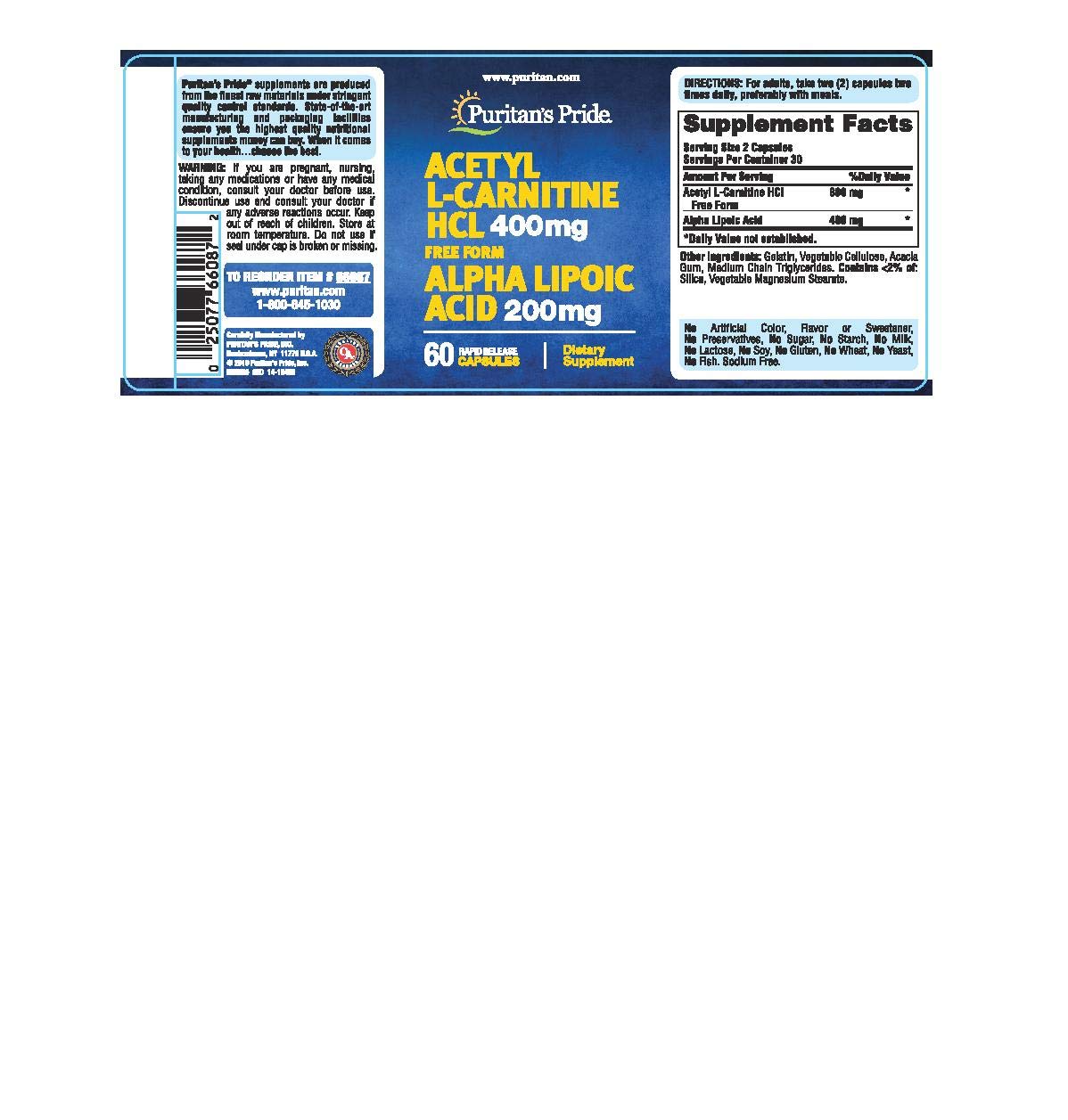 puritan's pride acetyl l carnitine free form Puritan's Pride Acetyl L-Carnitine Free Form 400mg with Alpha Lipoic Acid  200mg, Capsules, 60ct : Amazon.sg: Health, Household and Personal Care