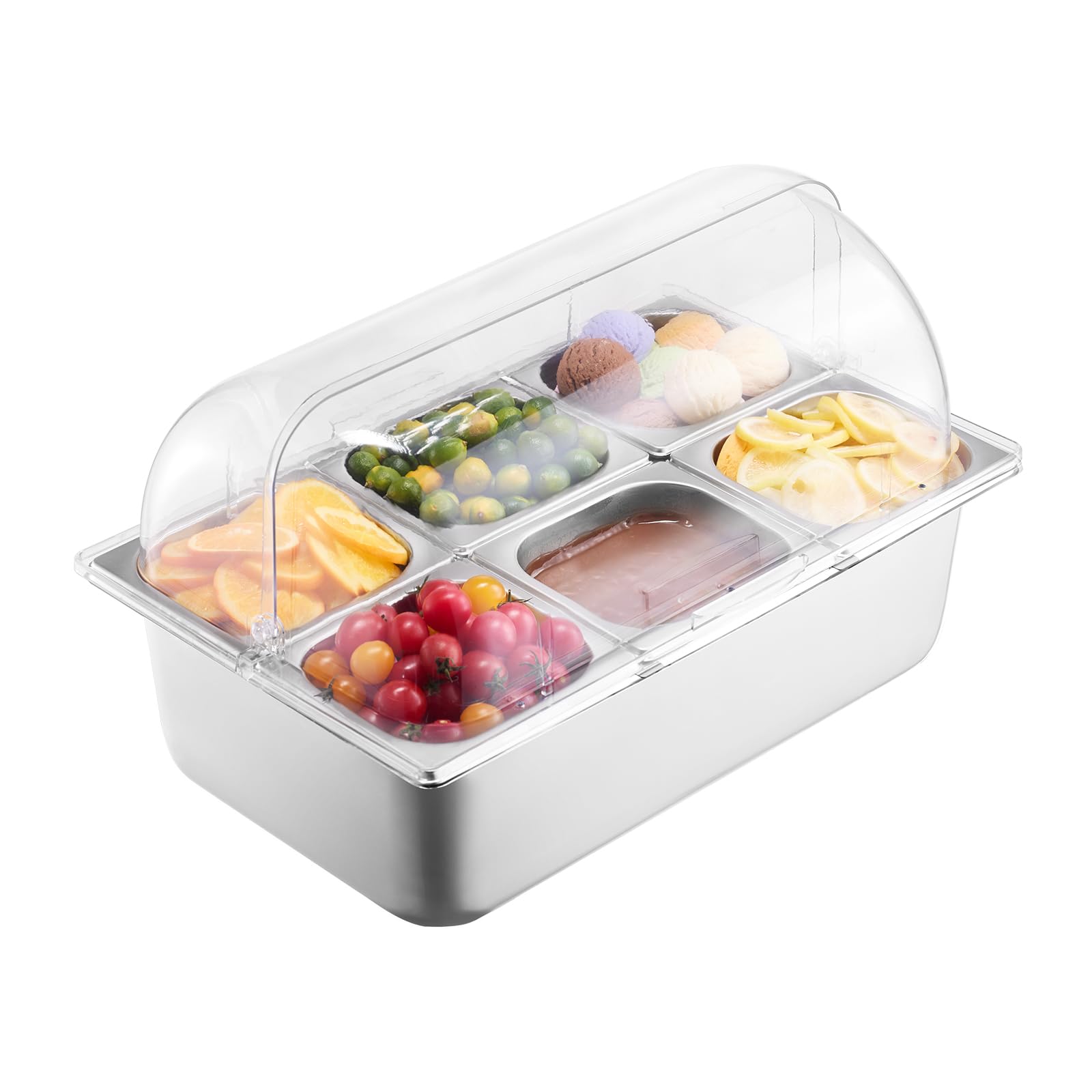 VEVOR Saladette Réfrigérée à Poser avec 6 Plateaux en Acier Inoxydable, Vitrine Réfrigérée Comptoir avec Couvercle Transparent et 3 Bacs à Glaçons, pour Buffert Restaurant Hôtel Cuisine Fête