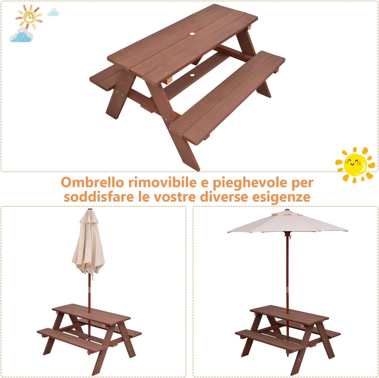 GYMAX Set Tavolo da Picnic e Panca per Bambini, Tavolo da Gioco in Legno di Abete con Ombrellone Rimovibile e Pieghevole, per Giardino Cortile Patio, Bambini (Stile 2)