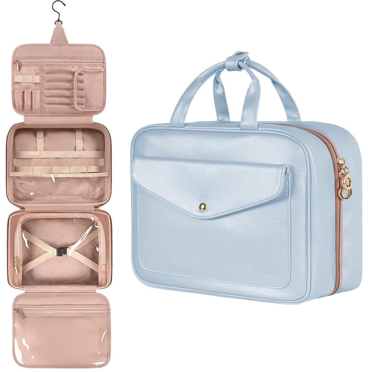 Beauty case grande con maniglia per il trasporto, beauty case, blu, Stile retr | Organizer da appendere, impermeabile, multiscomparti, stile retrò, 31,8 x 12,7 x 22,9 cm