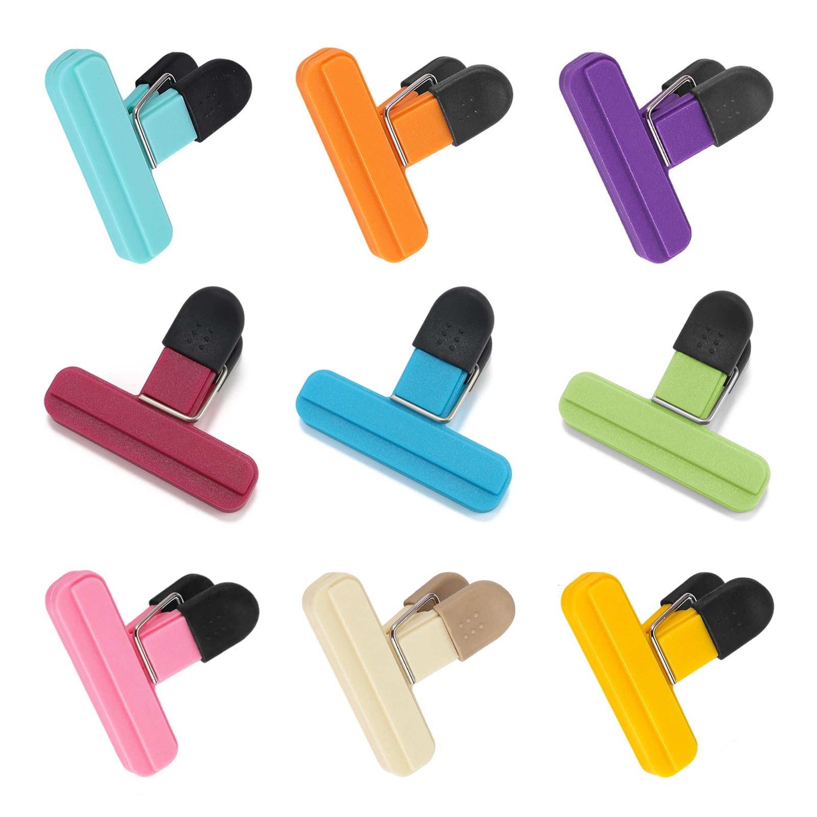 Lovvknd Bag Clips for Food Storage 9 Pcs, 9 Colors Reusable Bag Sealing Clips, 3 x 2.5 Inch Freezer Kitchen Pegs for Bags, Chip, Cereal, Pet Food, Bread - Strong Grip Sealer Clamps