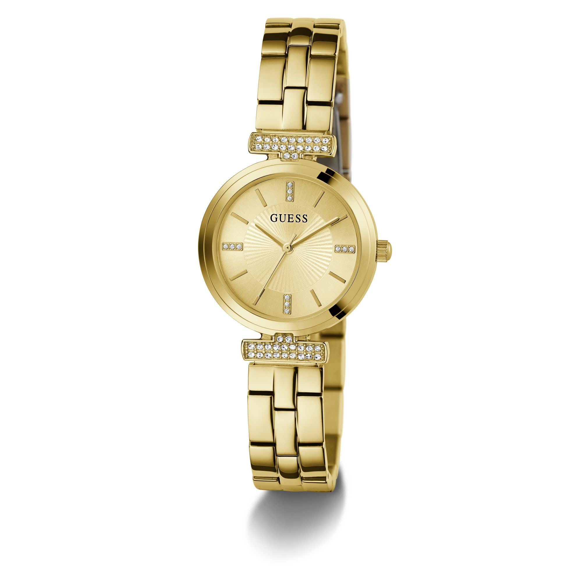 Guess Array Damen Armbanduhr mi Zirkonia in der Farbe Gold mit Armband aus Edelstahl, Wasserdichtigkeit: 3 bar, Gehäusedurchmesser: 28 mm, GW0762L2