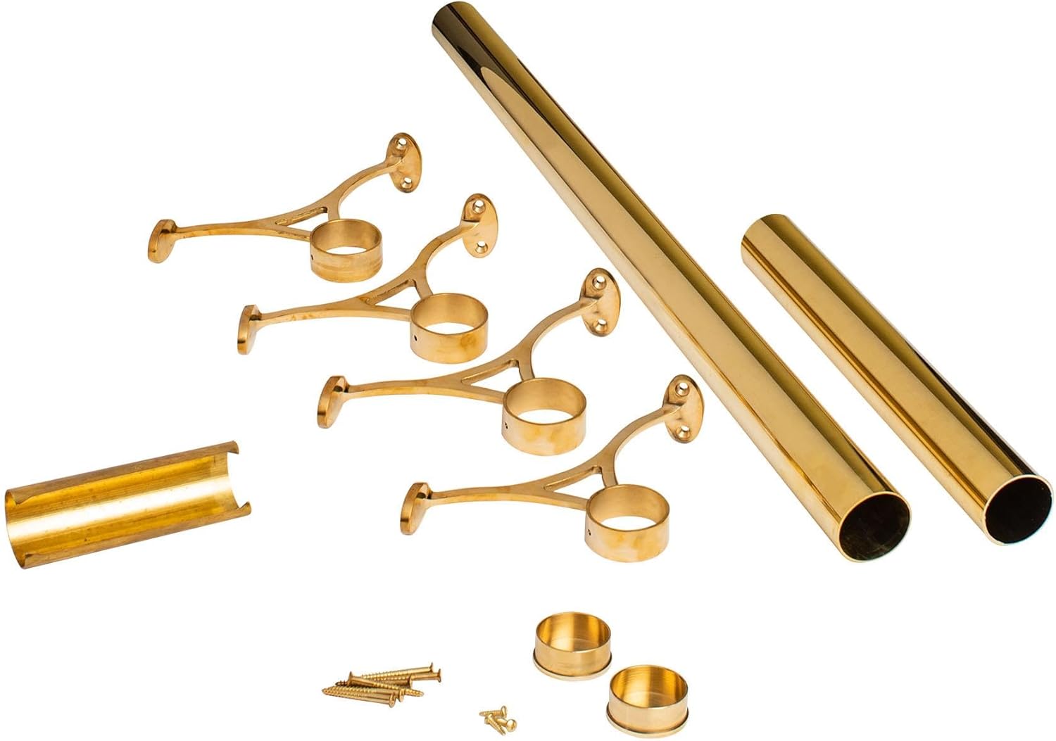OUTWATER 2" Diameter x 12' Bar Foot Rail Kit - Complete Undercounter Mount Hardware and Tubing, Brass Finish