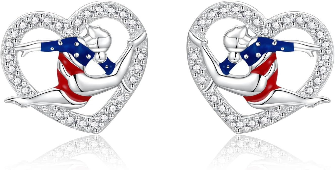 925 Sterling Silver Gymnast Stud Earrings Pendant Necklace Gymnastics Gifts for Women Gymnast Jewelry Christmas Birthday Gifts for Granddaughter Daughter