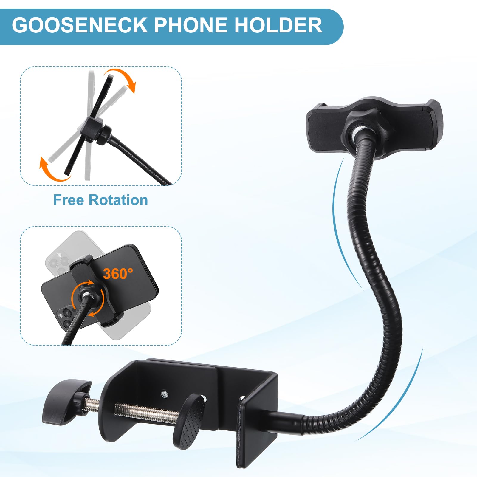 PATIKIL 19.7" Supporto Per Telefono A Collo D'Oca, Clip Regolabile A 360 Gradi Per Dispositivi Da 2.4-3.9" Supporto Da Tavolo O Letto, Nero