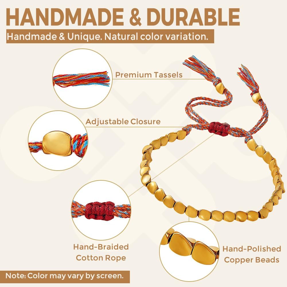 Tibetan Copper Bead Bracelet, Handmade Braided Cotton String Tibetan Copper Bracelet, Polished Copper Beads Tibetan Bracelet, Adjustable Unisex Copper Bracelet Gift for Women and Men, Includes Gift Box
