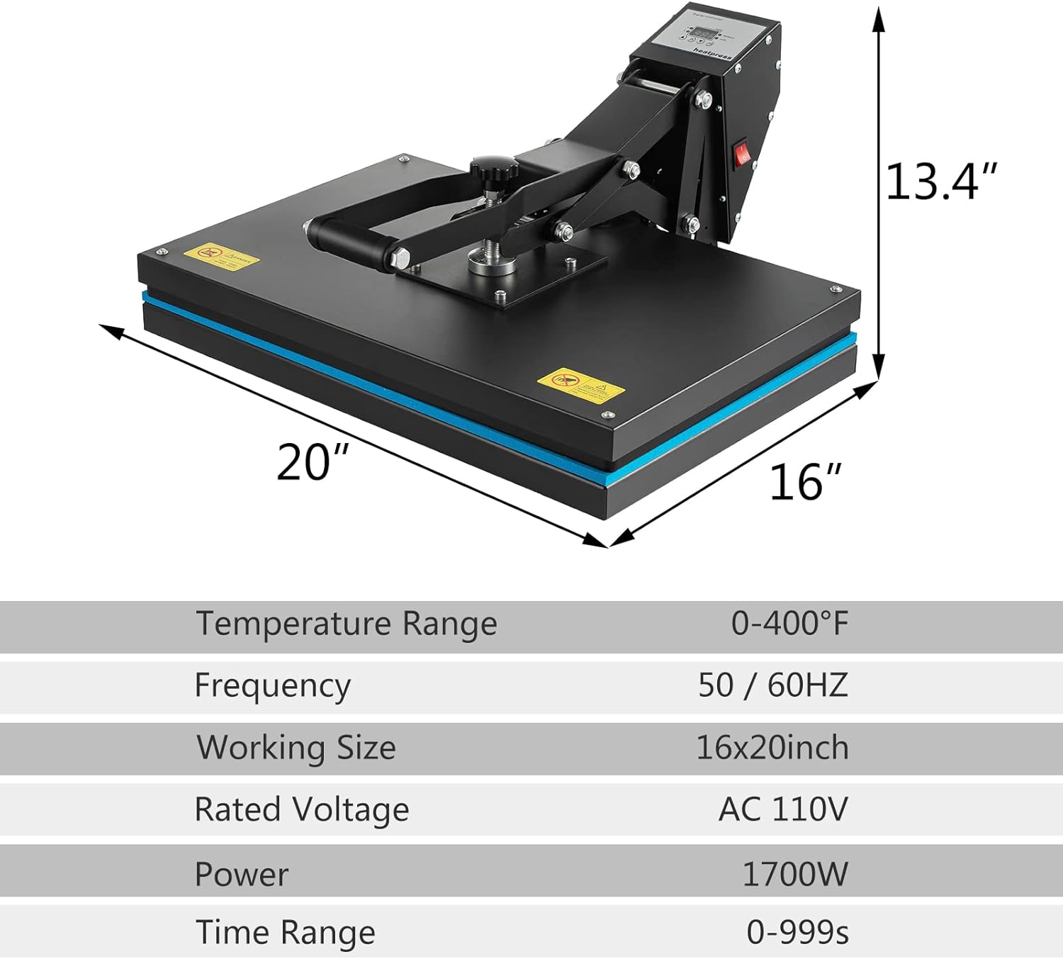 Heat Press Machine 16x20 Inch, High Pressure Clamshell Heat Press 1700W, Large Heat Press Digital Control Heat Transfer Machine for T Shirts, Garments, Canvas Bag, Pillowcase