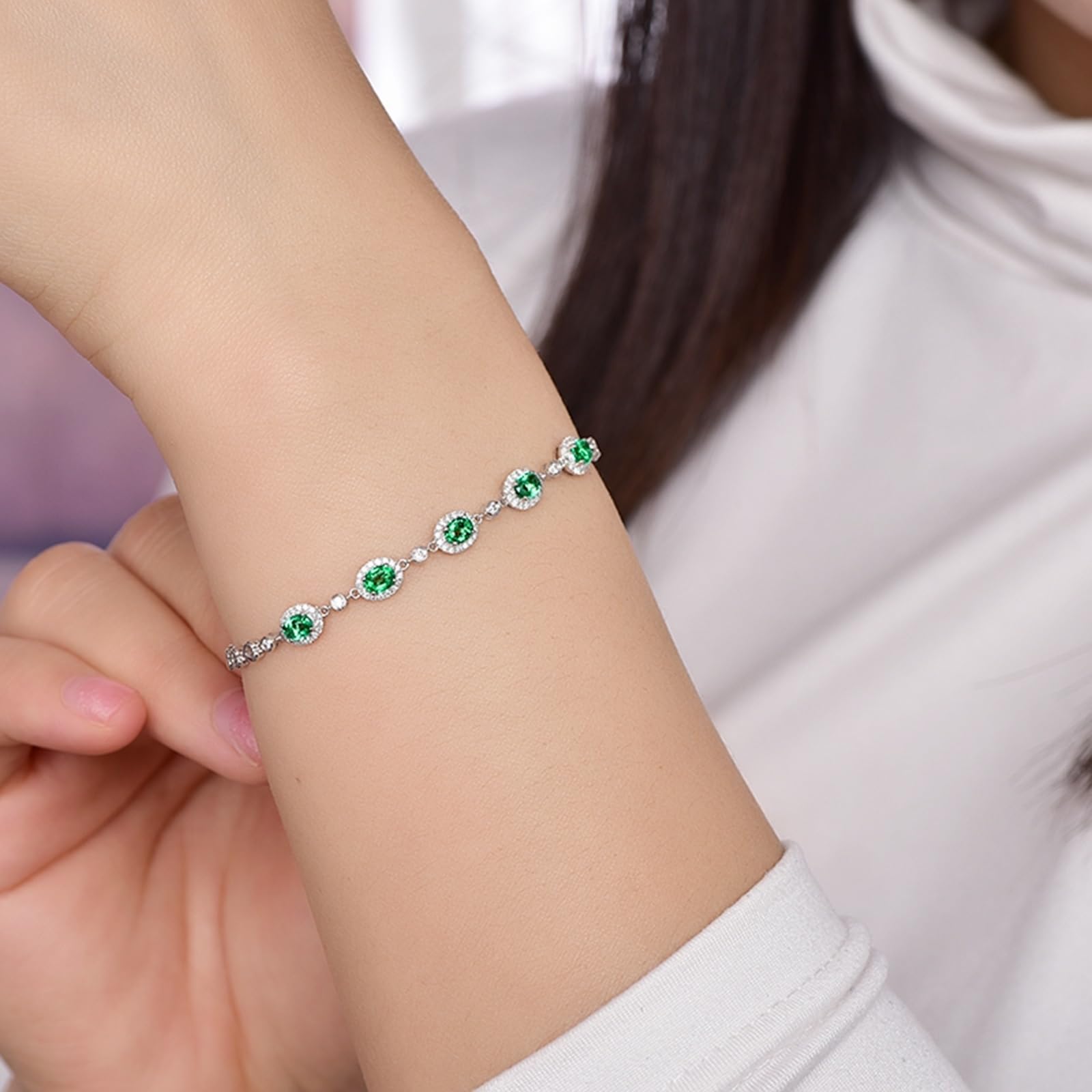 Bracciali in Oro Bianco 18k/14k/9k Vero, Bracciale con Smeraldo Sintetico 0.85ct 16-18 cm Estensione 4 cm con Moissanite, Braccialetto Donna Matrimonio