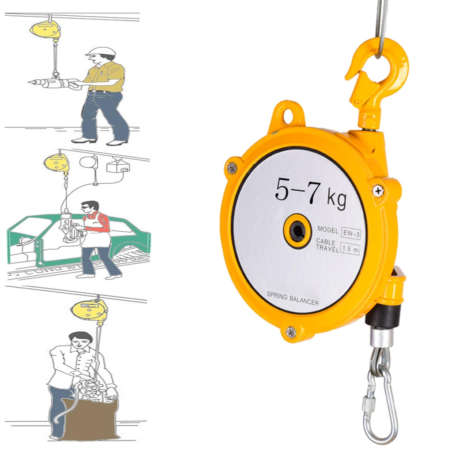1pc Spring Balancer Tool with 1.5m Wire Rope and Hook - for Workshop, Assembly Line, and Automotive Use(5-7kg)