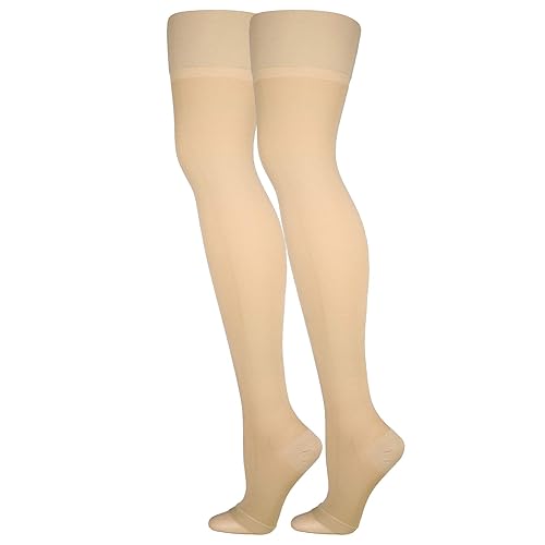 Miniatura 8 de Truform 30-40 mmHg Medias de compresión para hombres y mujeres muslo de longitud alta puntera abierta beige XL