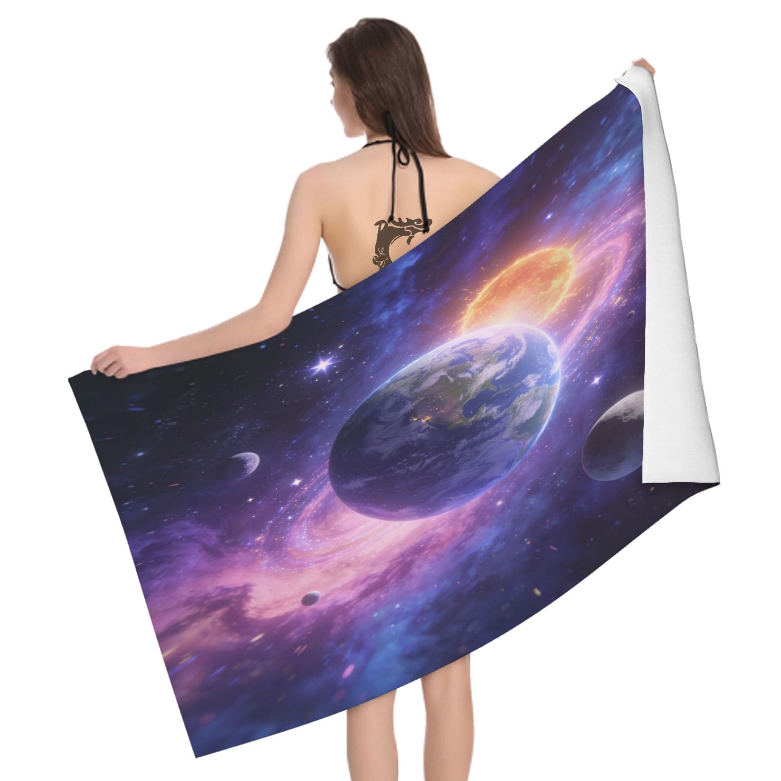 Leichong 3D Planet Beach Towel Large Microfiber Soft Quick Dry for Adults, Space Themed Bath Towel Lightweight Soft Absorbent for Travel Swimming Pool Sports, 180 x 90 cm
