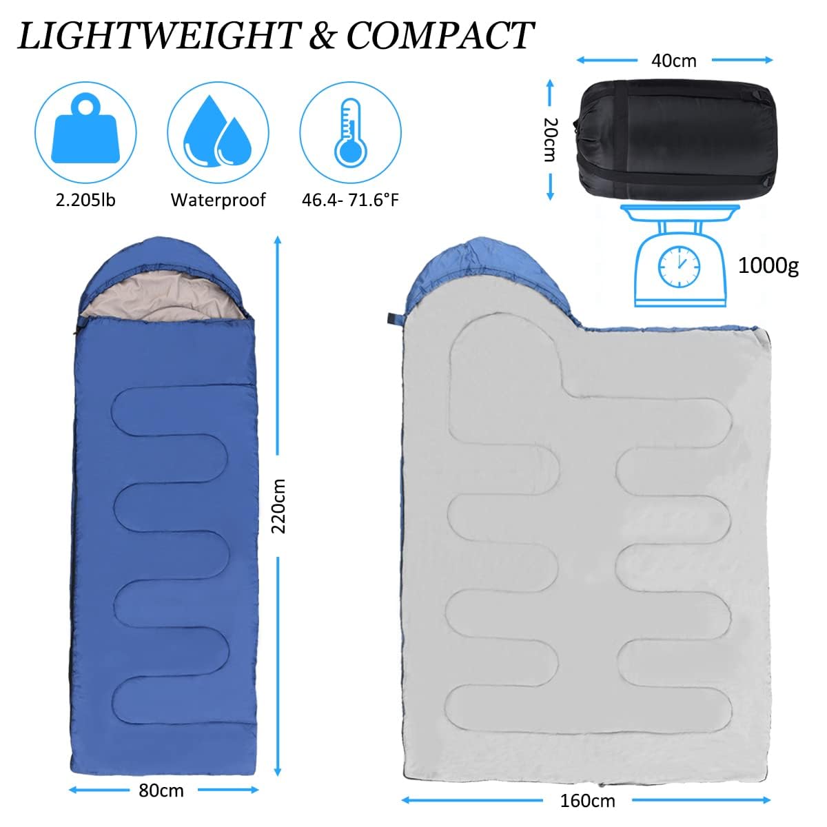 Śpiwór 220 x 80 cm, 1000 g śpiwór kempingowy na 3 pory roku, ultralekki na lato, jesień, wiosnę, mały pakiet granatowy FL-120 Wentylatory do cichych wentylatorów 2