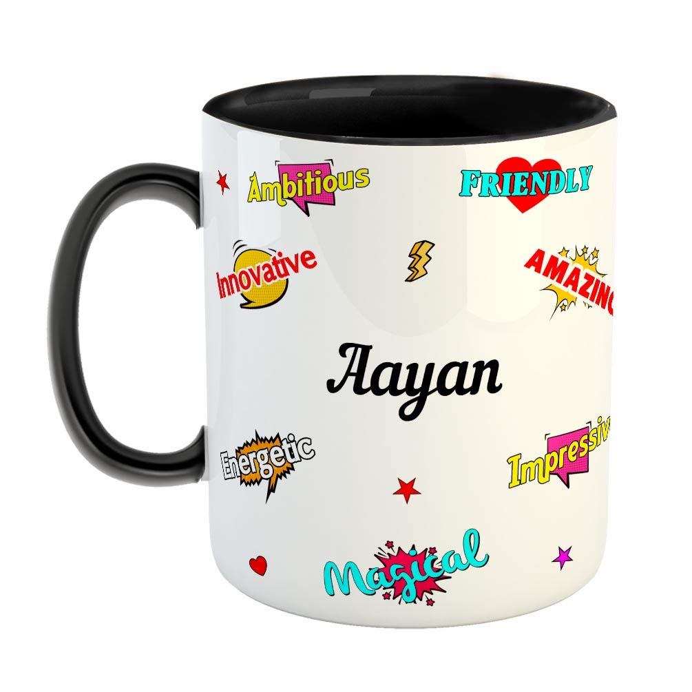 FurnishFantasy Ceramic Coffee Mug - Happy Birthday Gift, Gift for Kids, Return Gift - Black, Name - Aayan