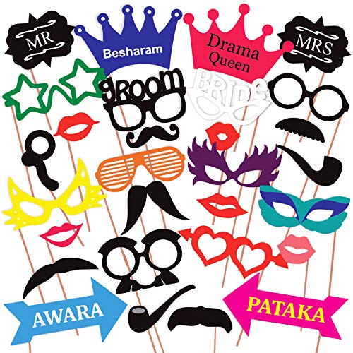 Image of Wobbox All Occasion Indian Family Photo Booth Party Props (18 Pieces) & Wedding Party Photo Booth Props DIY Kit (29 Pieces)