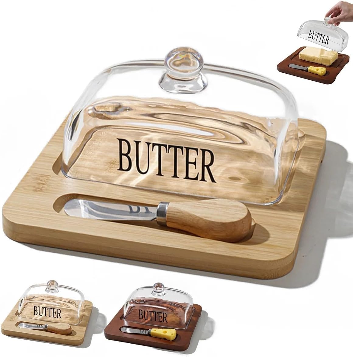 Bamboo Butter Dish with Glass Lid and Cutter - Eco-Friendly Butter Keeper, Storage Container, and Serving Tray - Natural and Sustainable (Light Brown Bamboo, Butter Dish, Glass Lid + Butter Knife)