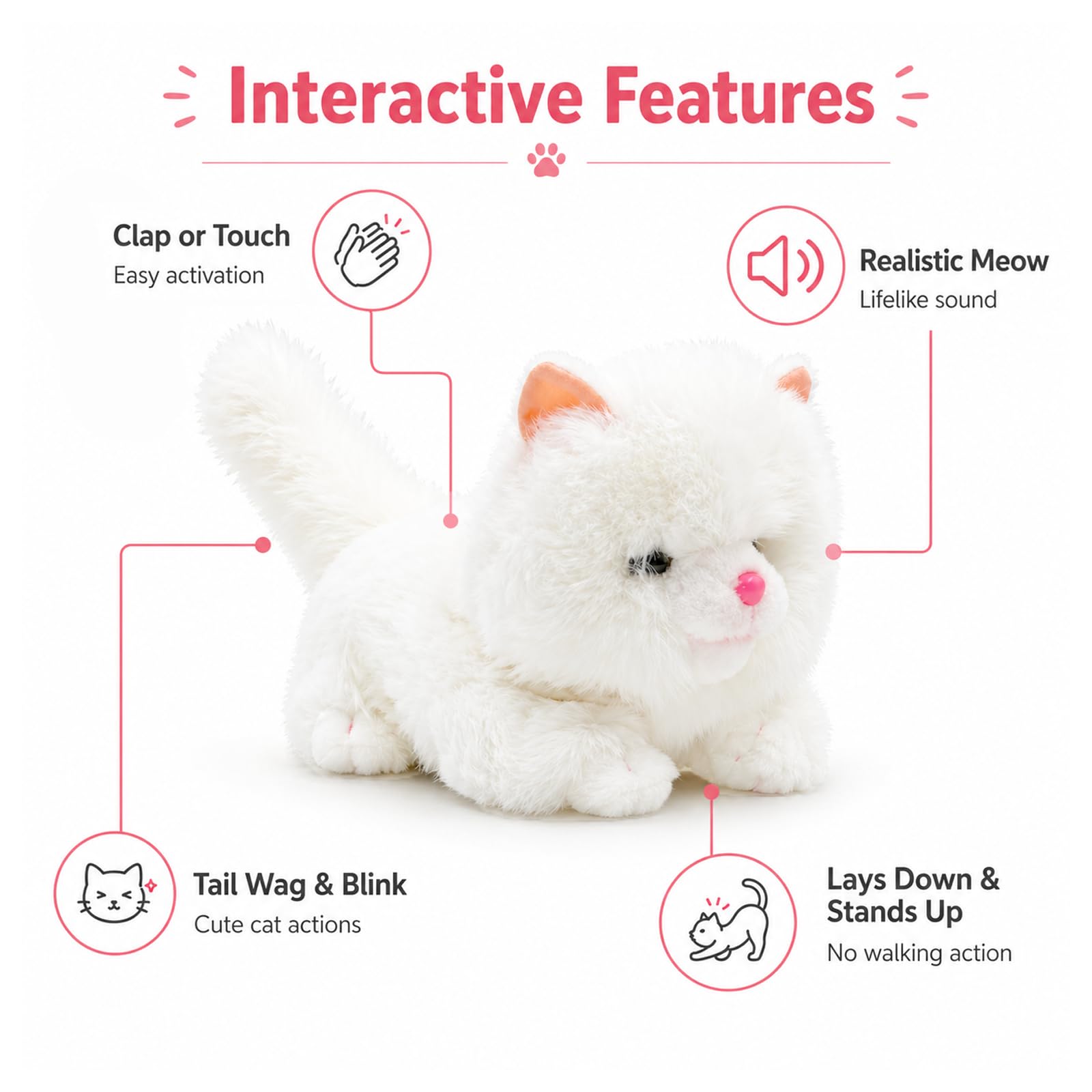 YH YUHUNG Blanco realista robot gato relleno animal de peluche electrónico interactivo gato con control de voz ladrando maullido gato gatito regalo de cumpleaños para niños