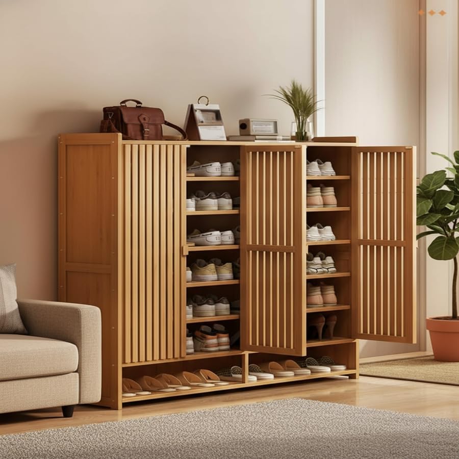 ムムエルフ 靴棚多段収納 玄関整理 竹製 スライド式扉 ホームライブラリー兼用 自然木調 省スペース 家庭用 大容量 靴整理専用家具