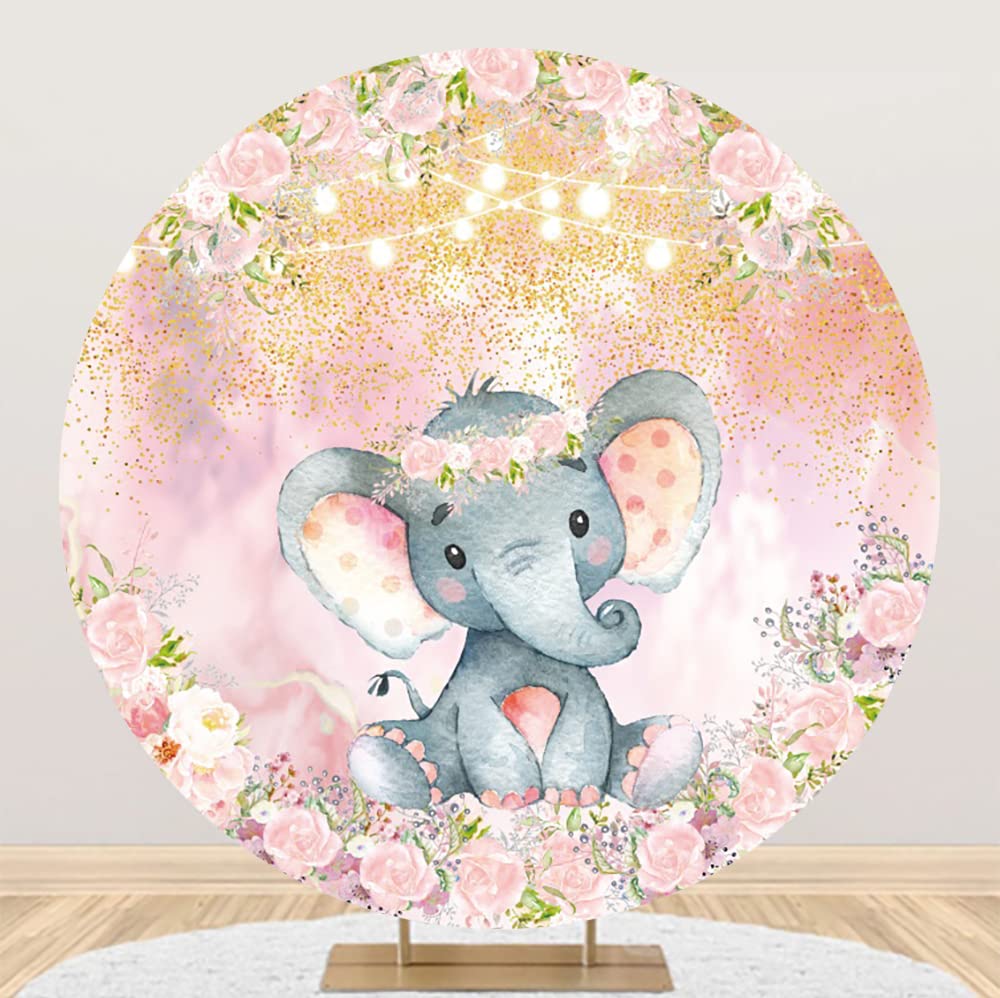 Yeele 7.5x7.5ft Elephant Round Backdrop Cover Watercolor Pink Floral Glitter Elephant Circle Background for Photography Newborn Girls Baby Shower