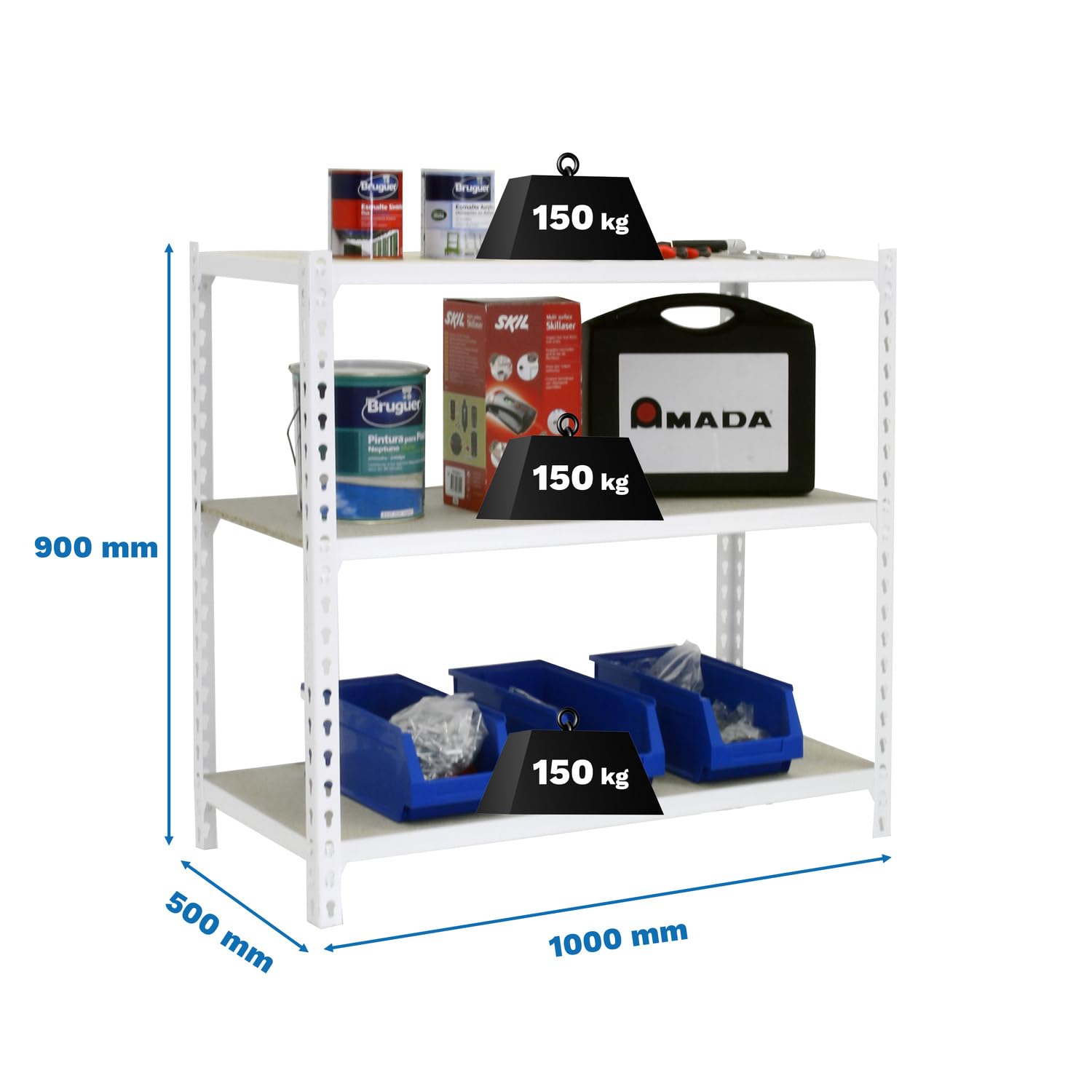 SimonRack Estanterias Metalicas, 900x1000x500 mm, 3 Baldas de Madera, 150 kg de Punto Flexión, Estanterias Almacenaje, Blanco/Madera - Maderclick