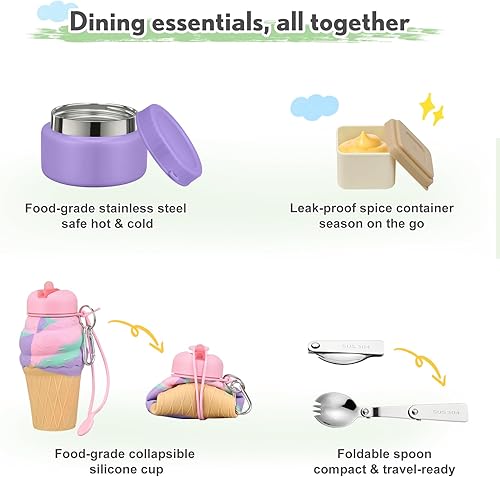 Miniatura 2 de Lonchera infantil con 5 compartimentos, tarro de alimentos aislado y recipiente para utensilios y salsas, bolsa de almuerzo y taza plegable de