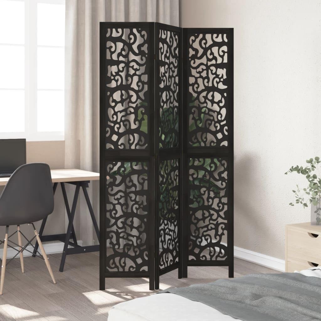 Paravent à 3 panneaux en bois massif de Paulownia - Noir - 105-110 x 200 cm - Brise-vue pliable - Pour chambre à coucher, salon, bureau et balcon - Design moderne avec charnières en métal