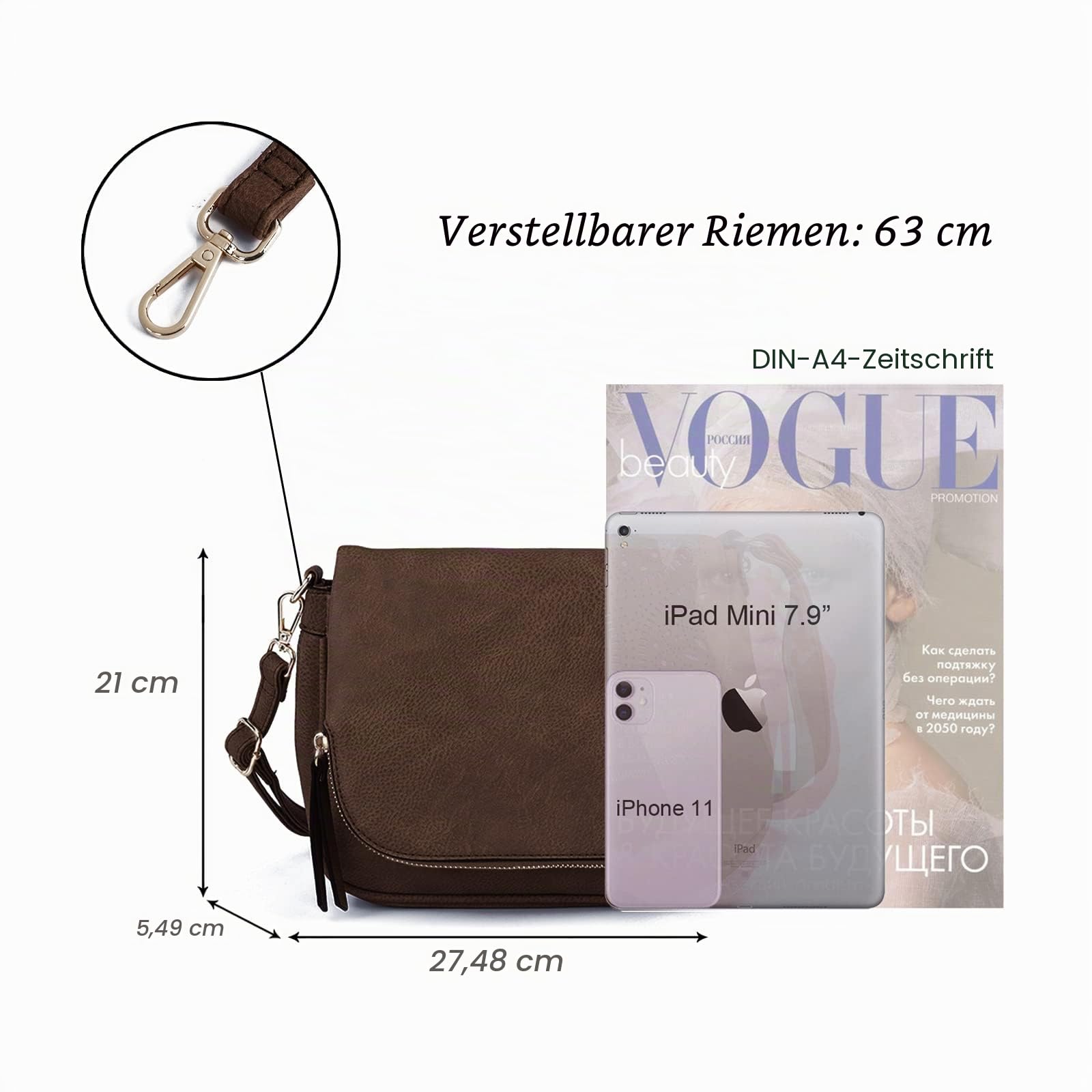 Umhängetaschen für Damen, kleine Umhängetasche aus PU-Leder, mit Überschlag und mehreren Taschen, Kaffee, Small