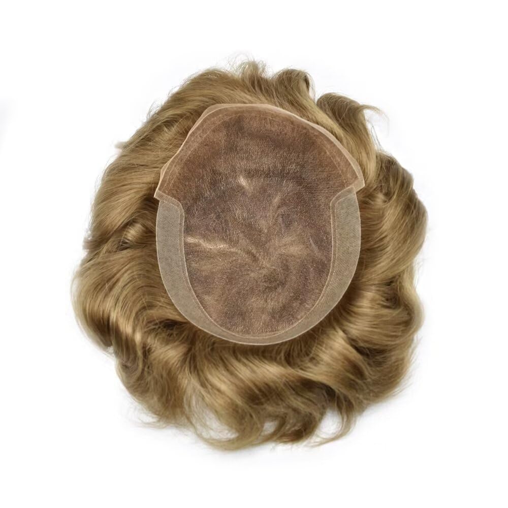 FACE MIRACLE Toupee for Men French Lace Mens Toupee Human Hair Replacement System Bleached Knots Hairpiece Skin PU Mens Wig Hair Prosthesis 18#MEDIUM BLONDE